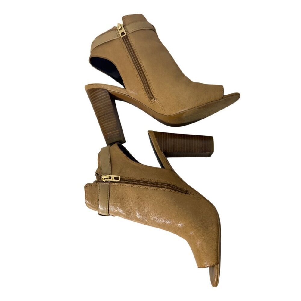 Coach Tan Leather Peep-Toe Heeled Booties With Gold Zipper & Buckle Detail - Picture 5 of 9